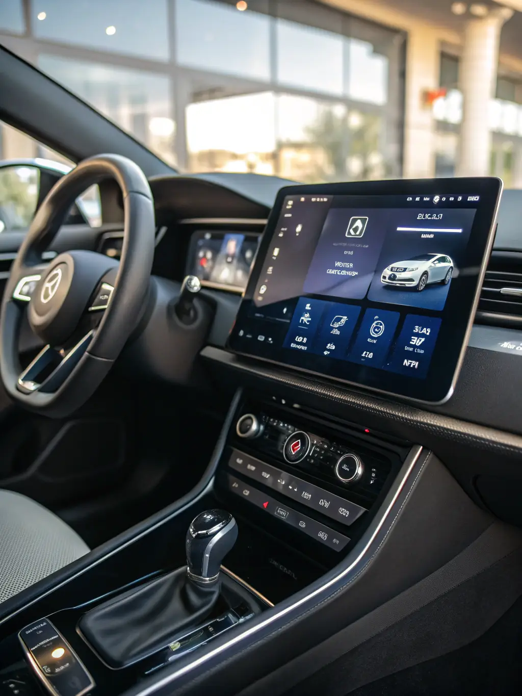 An image showing a connected car dashboard with IoT device integration powered by Maksa chips, illustrating smart automotive technology.