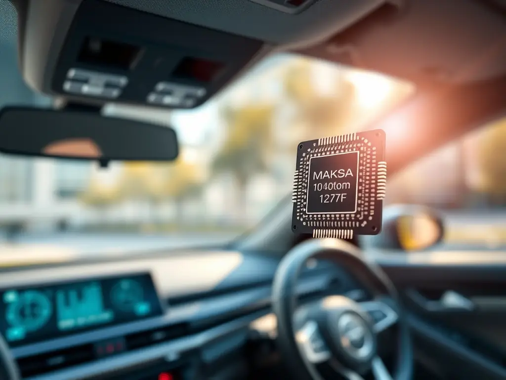 An image of a Maksa IoT chip embedded in an automotive system, demonstrating its smart connectivity and real-time data processing capabilities. The background shows a connected car dashboard to highlight its application in automotive technology.