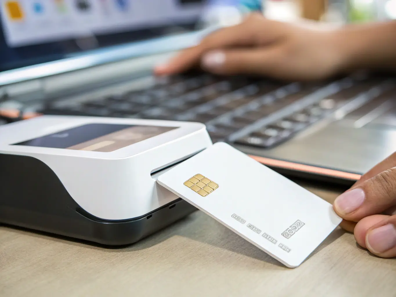 A detailed image of a Maksa banking chip integrated into a credit card, showcasing its high-speed transaction processing capabilities. The background features a point-of-sale system to illustrate its use in financial transactions.