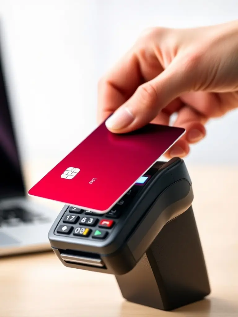 A visual representation of a bank card being used at a point-of-sale terminal, emphasizing the speed and security of Maksa's banking chips.